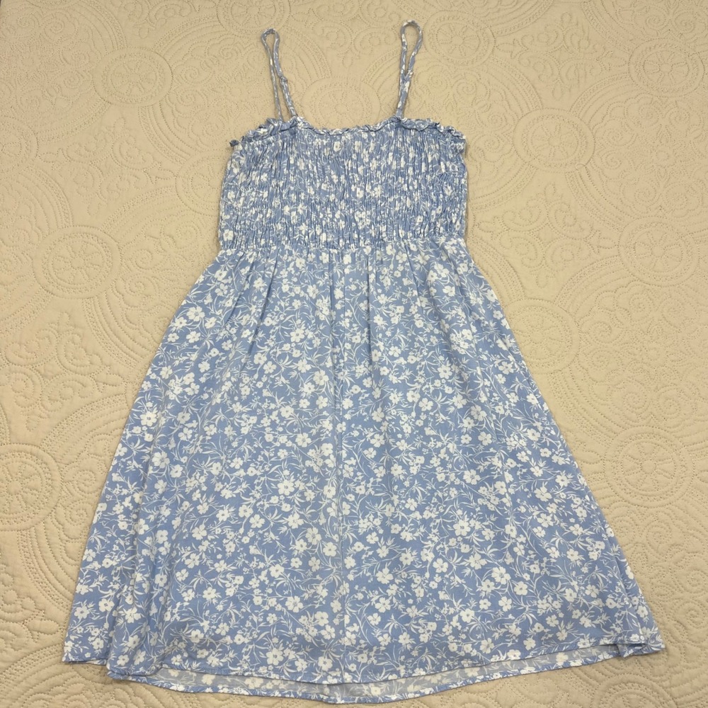 AQUA Womens Smocked Floral Sundress Light Blue White XS Adjustable Straps Boho - Picture 8 of 8
